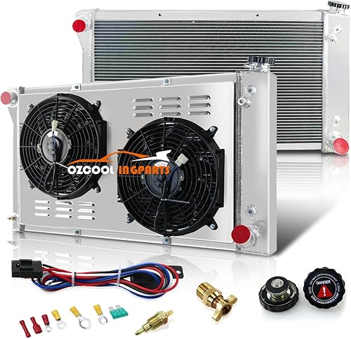 OzCoolingParts Radiador RR369N de aluminio de 4 filas + 2 ventiladores de 12 pulgadas con cubierta de cubierta de cubierta de termostatorelé kit de
