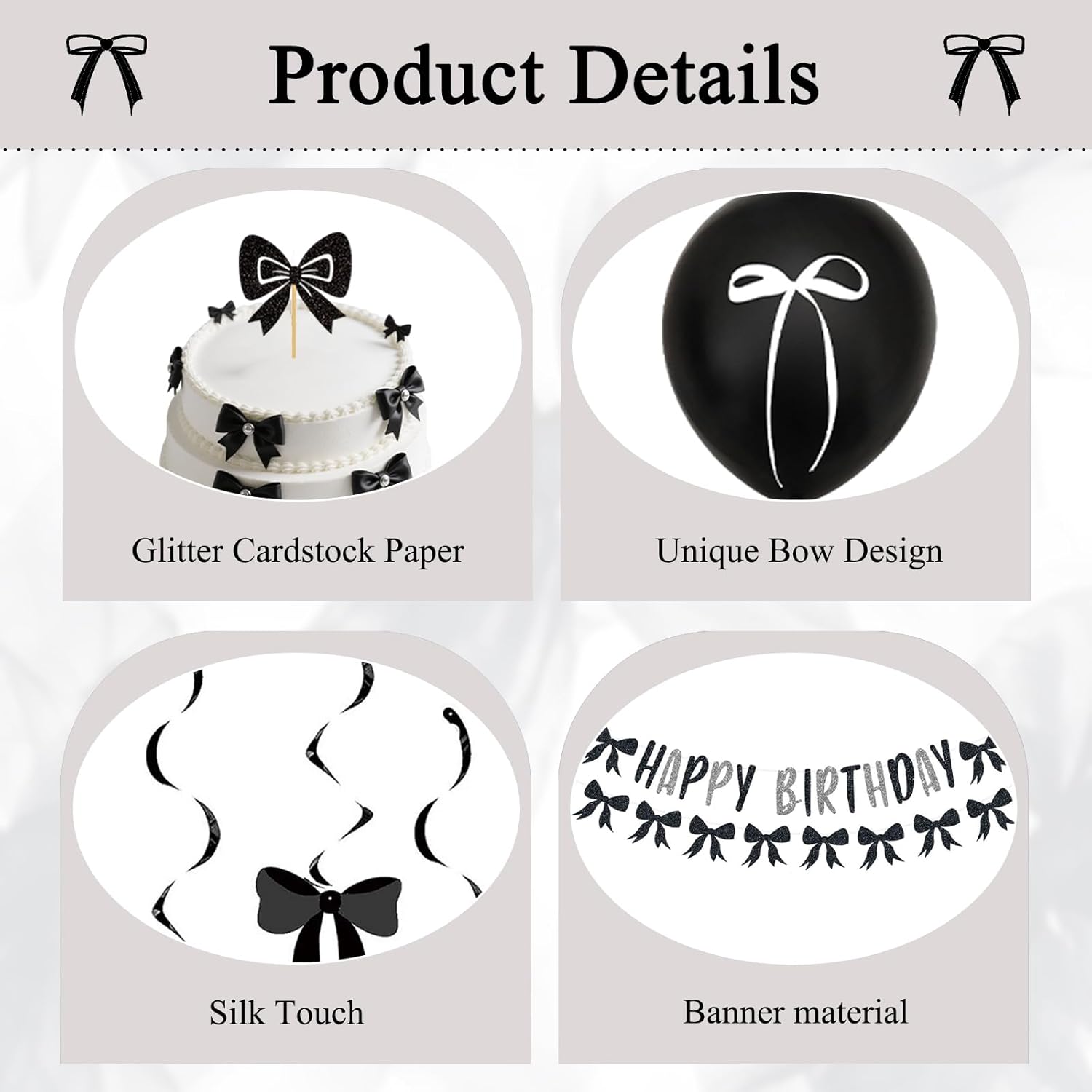 Black Bow Birthday Party Decorations,Happy Birthday Banner Garland and Hanging Swirls,Black and White Balloons with Bows,Cupcake Toppers,Bows Coquette Party Decorations for Girls Women Bow Theme Decor - Image 3
