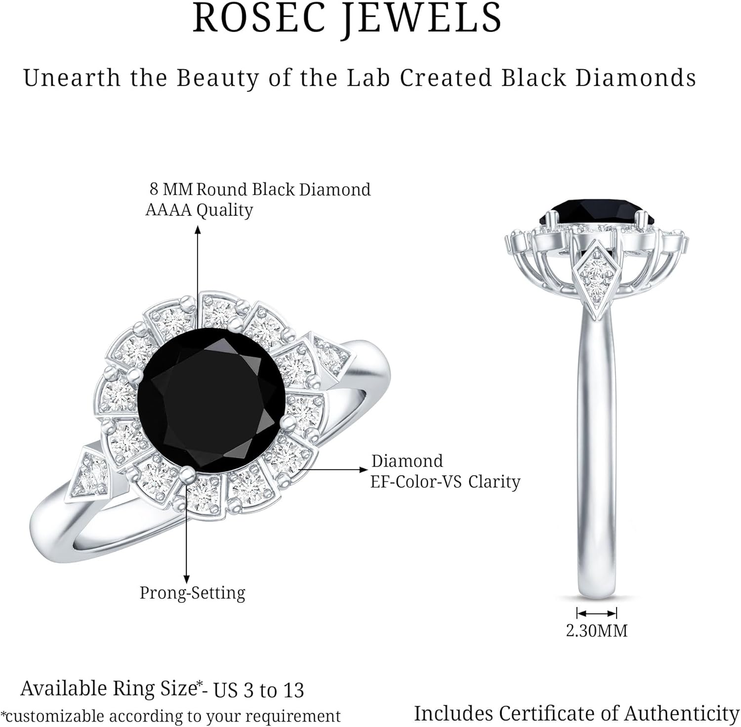 Certified 2 Carat Lab Grown Black Diamond Engagement Ring With Flower Halo, Aaaa Quality - Ready To Gift