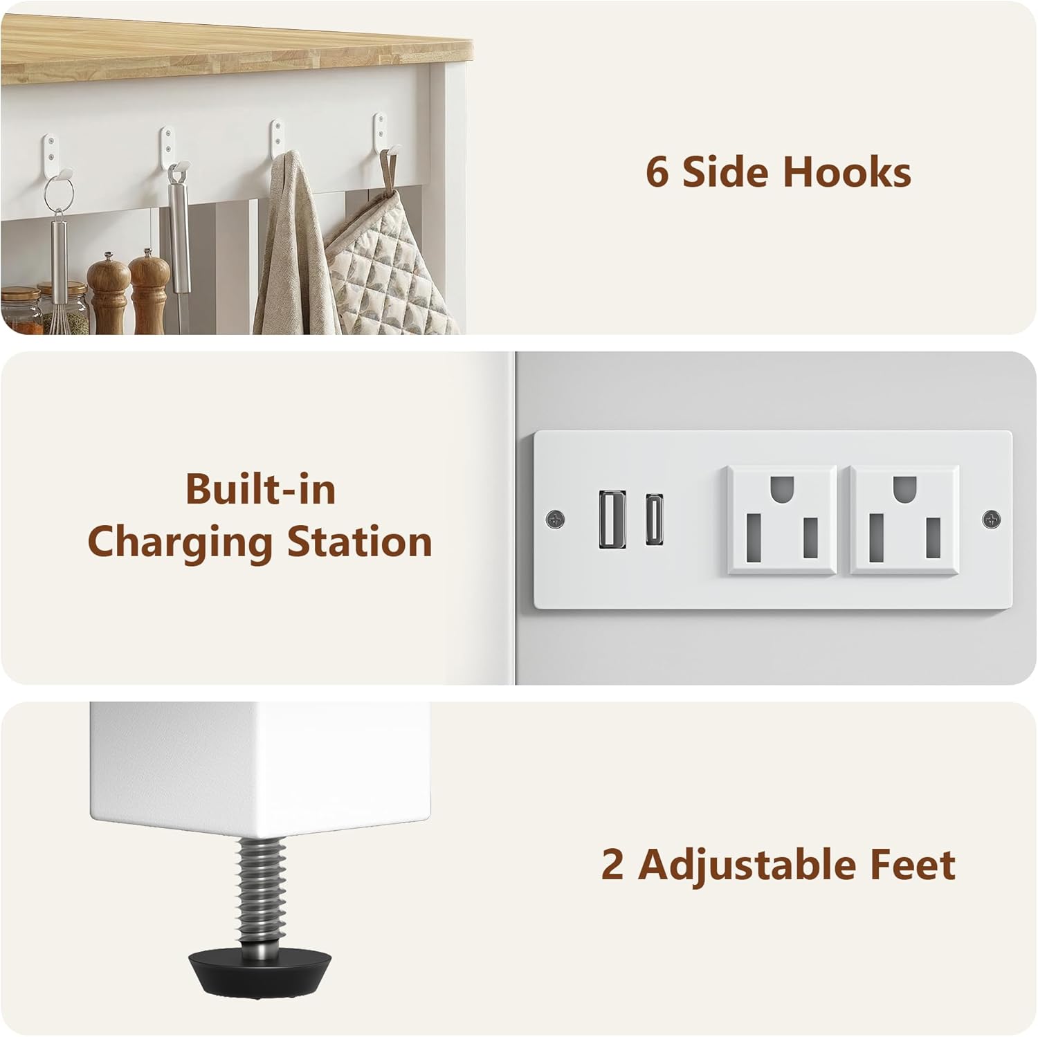LAZZO Kitchen Island with Storage for Small Space, 35.4" Farmhouse Style Cabinet with Fridge Space, Small Kitchen Table with Rubberwood Tabletop and Power Outlets for Dining Room Wihte (35.4" L)