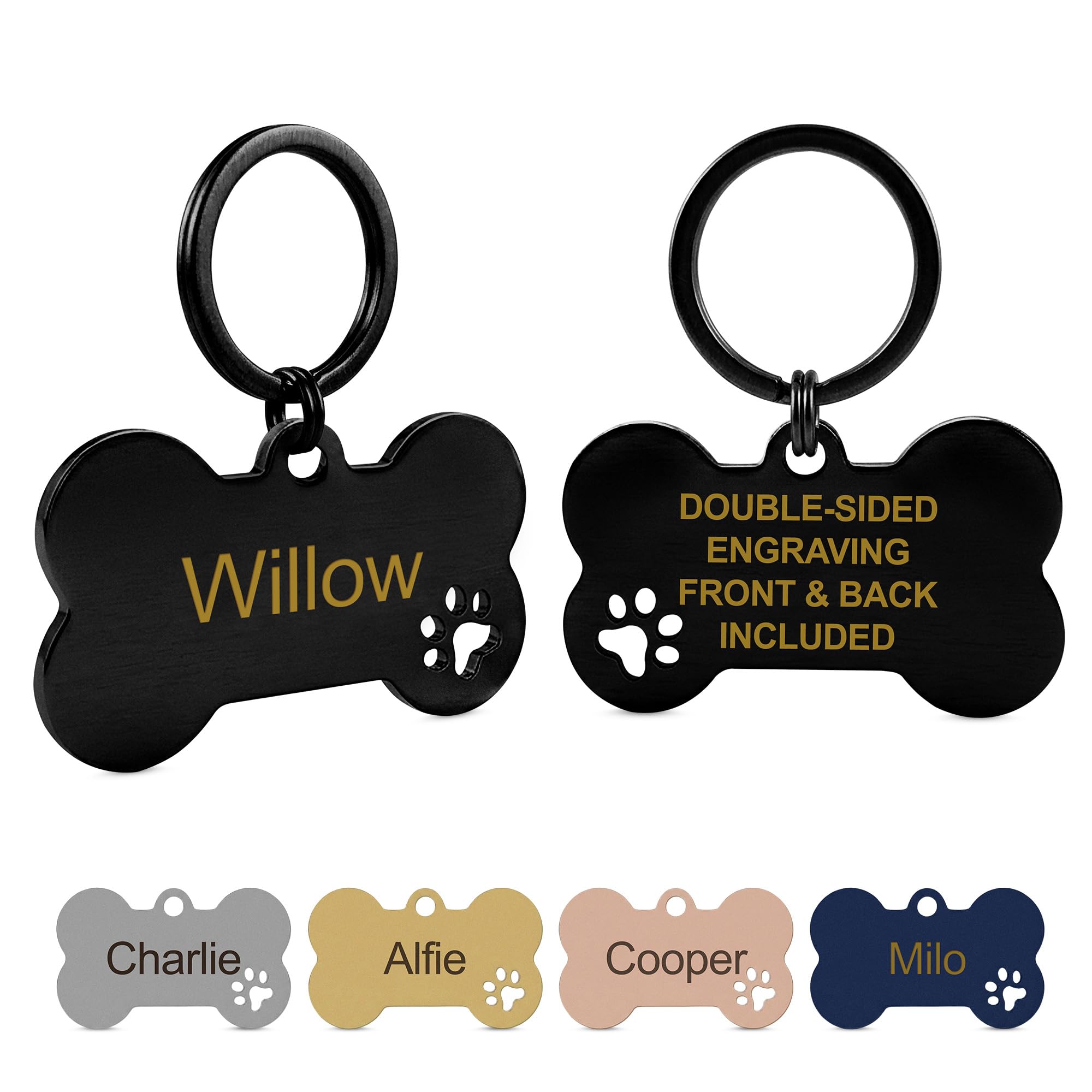 Engraved Personalised Stainless Steel Dog ID Tag, Bone Shaped with Paw Cutout, Available in 5 Colours and 2 Sizes - Black, Large (50mm)