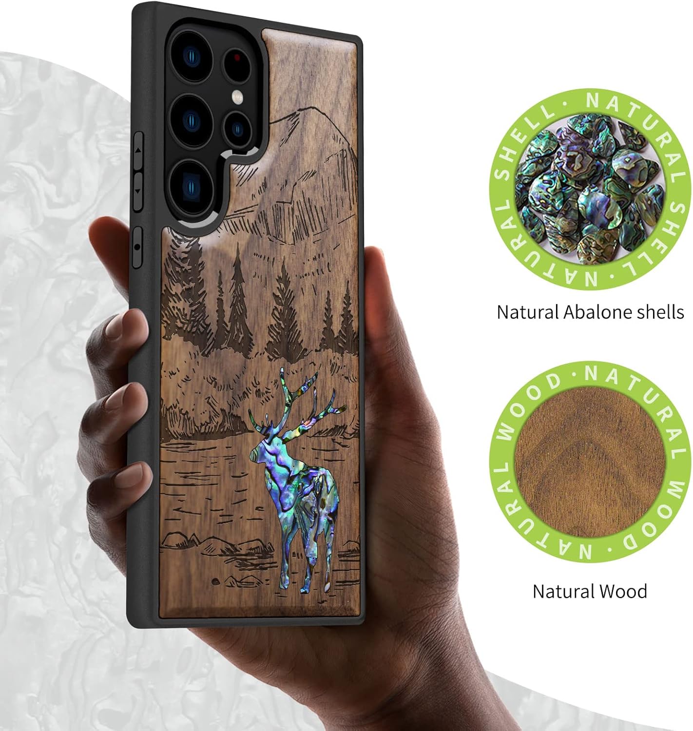 Carveit Designer Wooden Case for Samsung Galaxy S23 Ultra Cover [Wood Engraving & Shell Inlay] Compatible with Wireless Chargers Galaxy S23 Ultra Case (Forest Deer-Walnut)