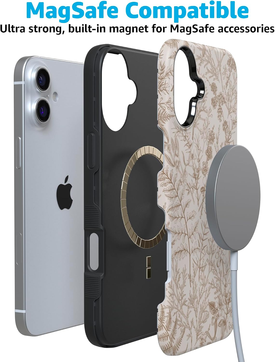Casely iPhone 16 Plus Case | Beige Garden | Neutral Floral | Bold Protective Design | Compatible with MagSafe