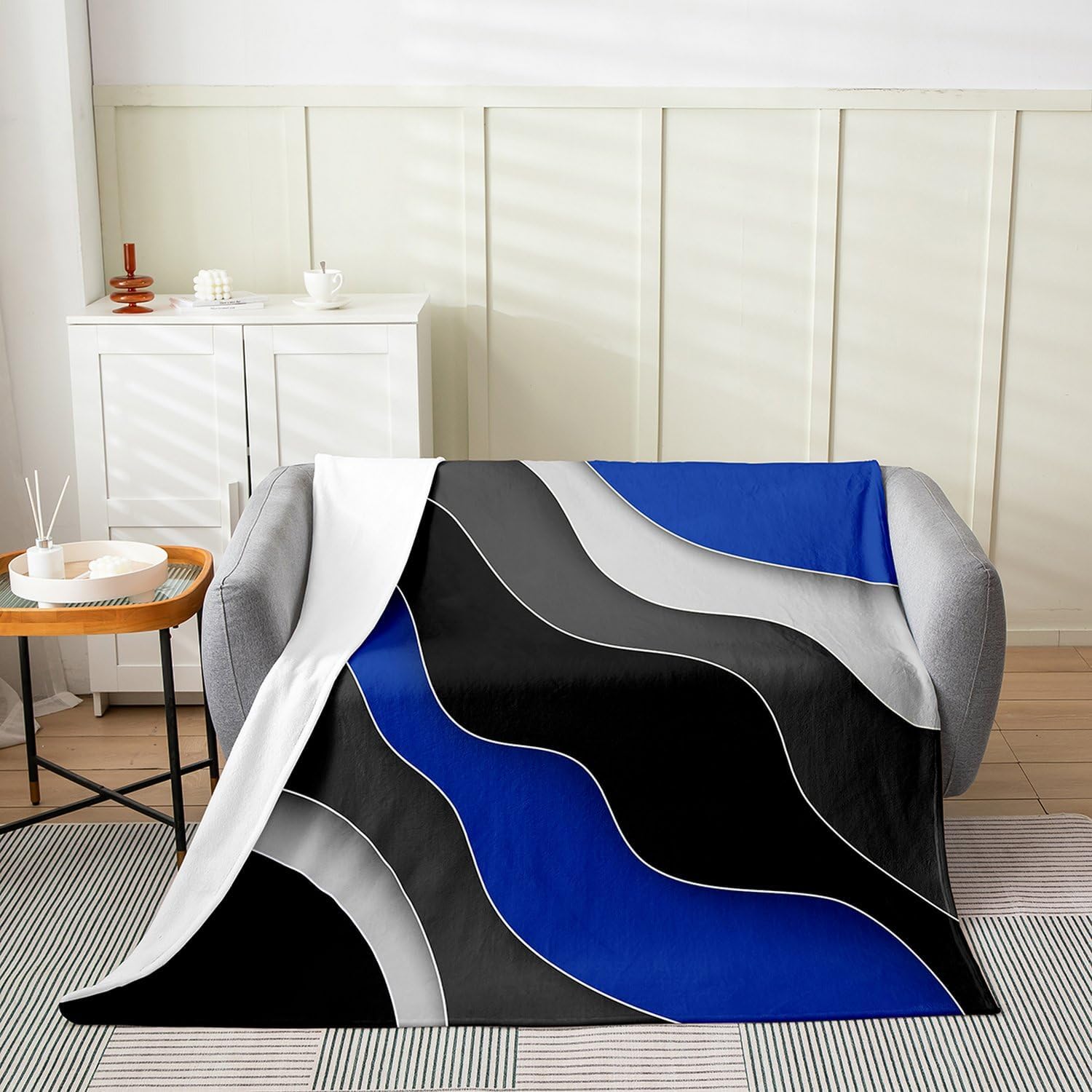 Abstract Waves Fleece Blanket,Black Gray Navy Wavy Lines Gradinet Ombre Bed Blanket for Kids Teens,Modern Geometric Splicing Flannel Blanket for Room Decor,Queen 90"x90"