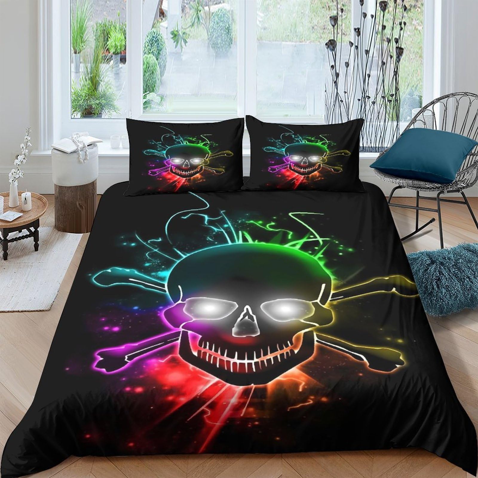 Ctjqhvkz Style-8 3D Printed Neon Skull Fitted Sheet Microfiber Vibrant Bones Bed Cover Anti-Slip Machine Washable For Bedroom Decor Single（135X200cm）