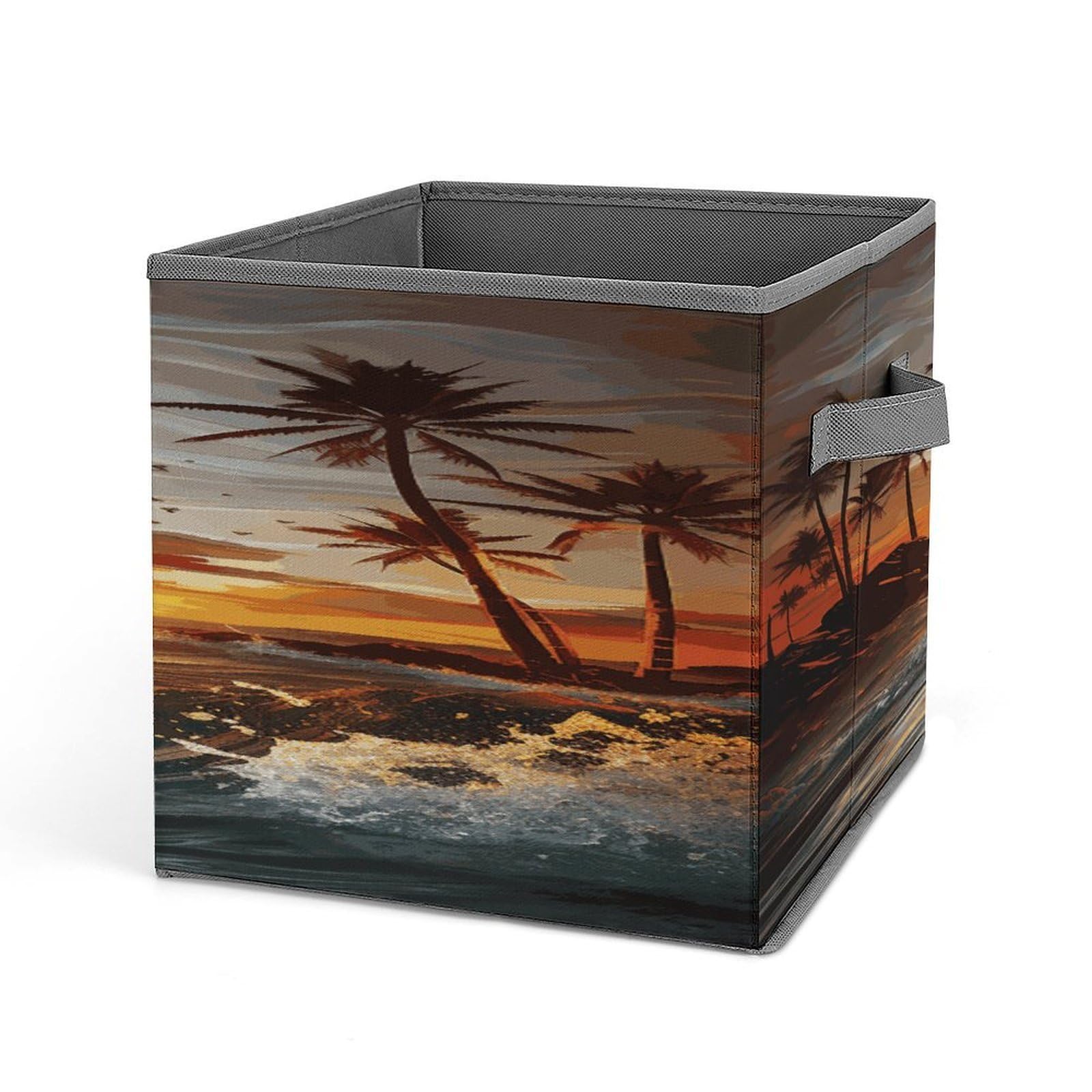 VstaDank Palm Trees Ocean Waves Sunset Storage Bin Collapsible Storage Cubes Organizer Oxford Cloth Storage Box with Dual Handles Large Stackable Closet Storage Bins for Sheets Hat Sweater