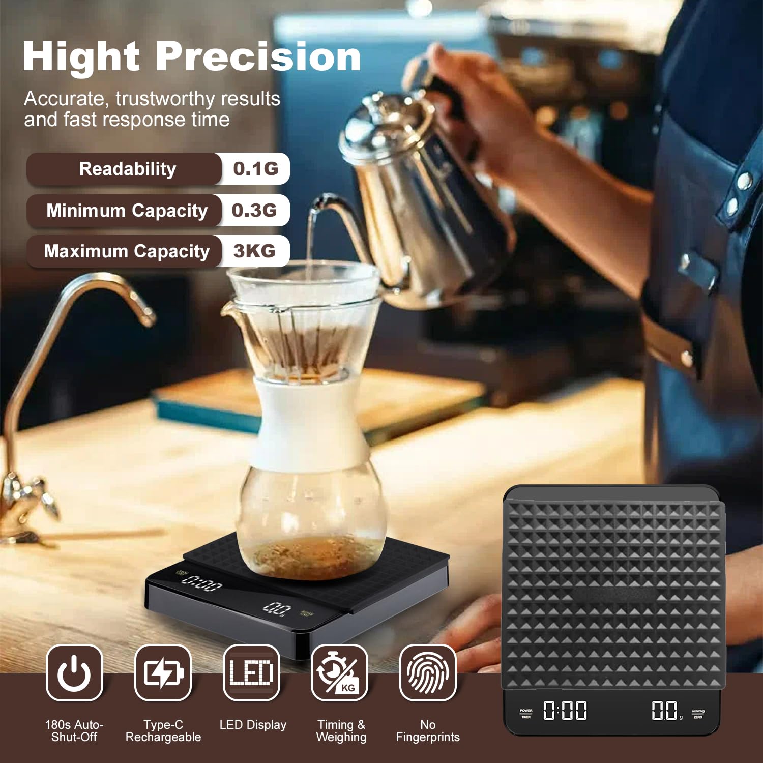 3T6B Digitale koffieweegschaal, multifunctionele precisieweegschaal, elektronische professionele weegschalen met led-display, timer en peeling- functie, schaal 0,1 g/3000 g (inclusief batterij en lade