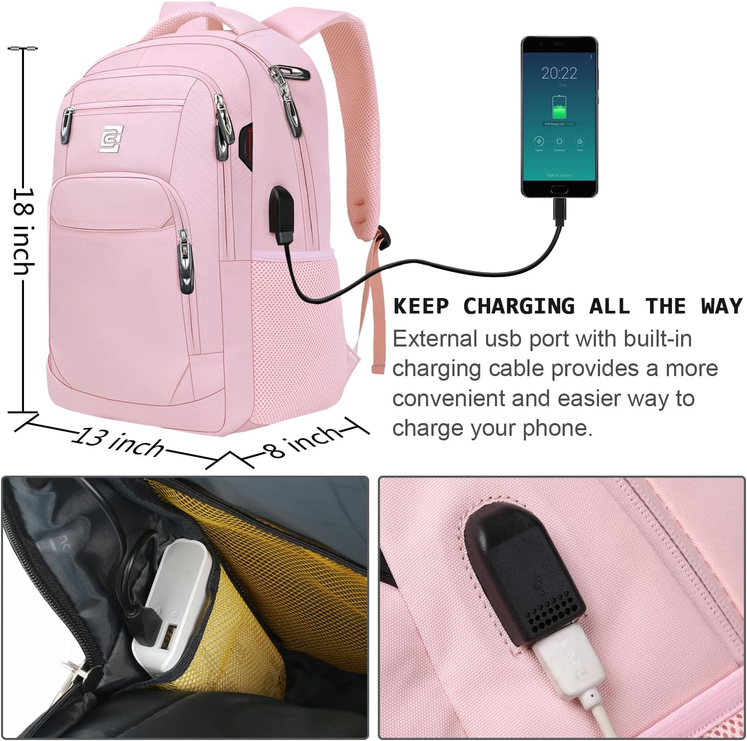 Laptop Backpack,Business Travel Anti Theft Slim Durable Laptops Backpack with USB Charging Port,Water Resistant College Computer Bag for Women & Men Fits 15.6 Inch Laptop and Notebook-Light Pink - Image 3