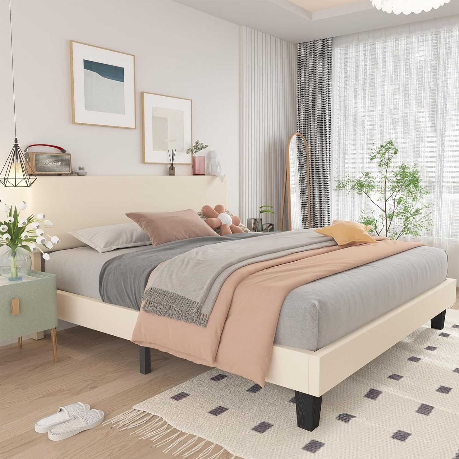 Queen Bed Frame with Adjustable Headboard, Linen Fabric Upholstered Platform Bed Frame Queen Size with Sturdy Wood Slats Support, No Box Spring Needed, Easy Assembly, Beige