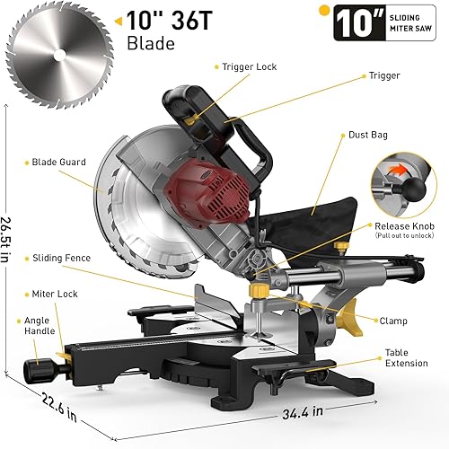 Miniatura 2 de Sierra ingletadora compuesta deslizante de 10 pulgadas, 5000 RPM, 15 amperios, bisel único 0-45 con mesa de extensión, hoja 36T, sierra eléctrica