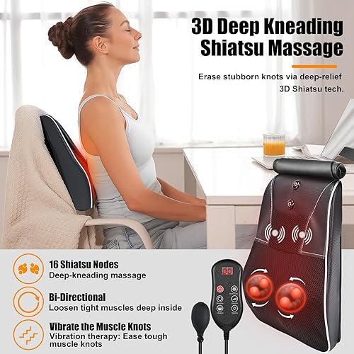 Miniatura 5 de Shiatsu - Masajeador de espalda y cuello con calor, masajeador de espalda para aliviar el dolor de tejido profundo, almohada de masaje de