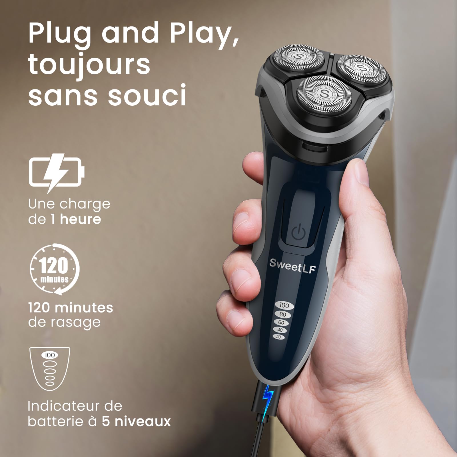 SweetLF Rasoir Electrique Homme Rechargeable Wet & Dry, Tondeuse à Barbe Haute Précision, Rasage avec 3D Têtes Rotatives, 100% Etanche&120 min d'Autonomie, Bleu, SW-S7105