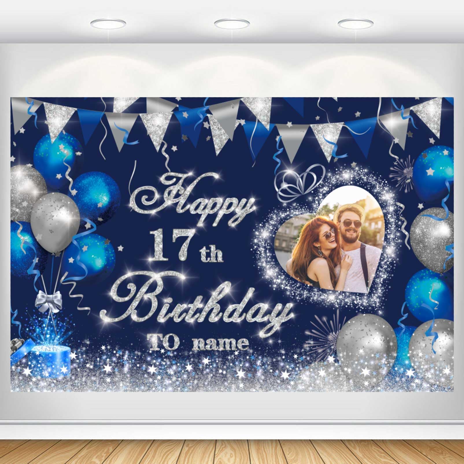 Dicodes Custom Navy Blue and Silver Theme 17th Birthday Banner for Party Happy Birthday Backdrop Decoration Personalized with Name and Photo(17th)