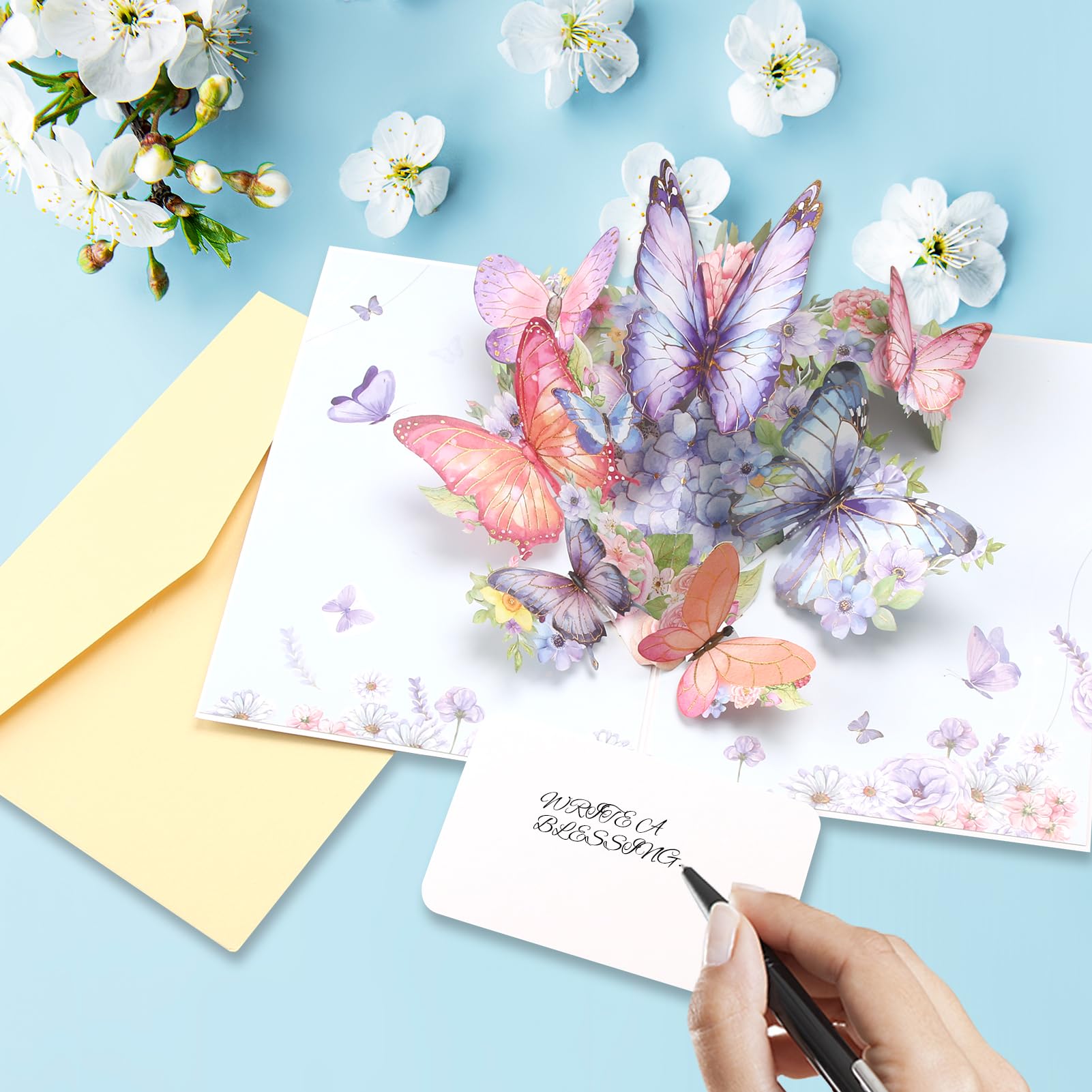 Carte Pop-Up Papillons Fleurs Carte De Vœux Avec Enveloppe, Carte Mignonne En 3D Pour Femme