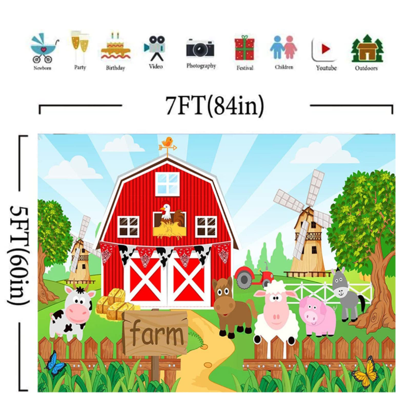 Bauernhof-Geburtstags-Hintergrund 2,1x1,5 M – Blau-rote Scheune Mit Tieren, Perfekt Für Kinderpartys & Fotos