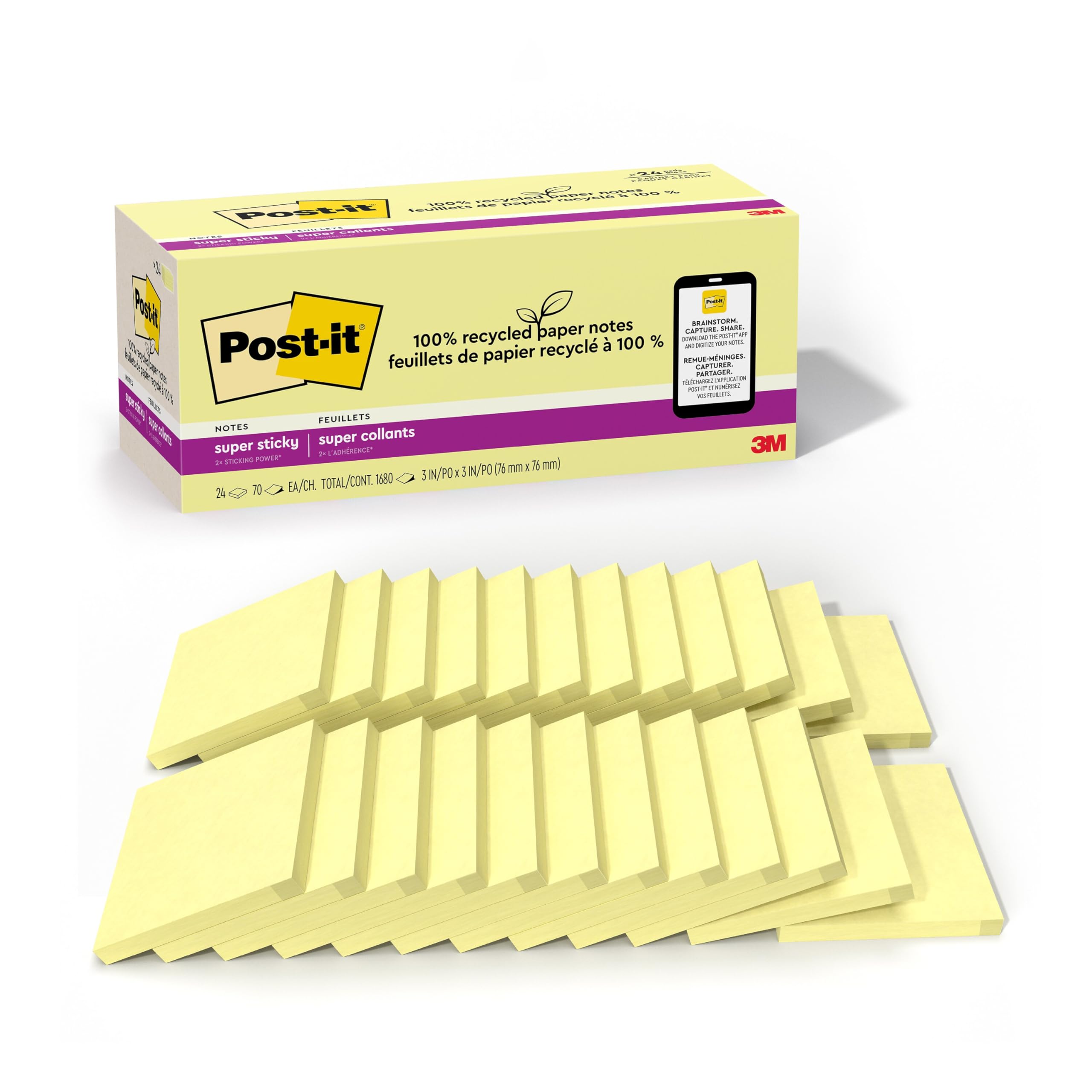 Post-it 100% recyceltes Papier, super Haftnotizen, 2 x die Haftkraft, 7,6 x 7,6 cm, 24 Bl cke/Packung, 70 Blatt/Block, Kanariengelb (654R-24SSCY-CP)