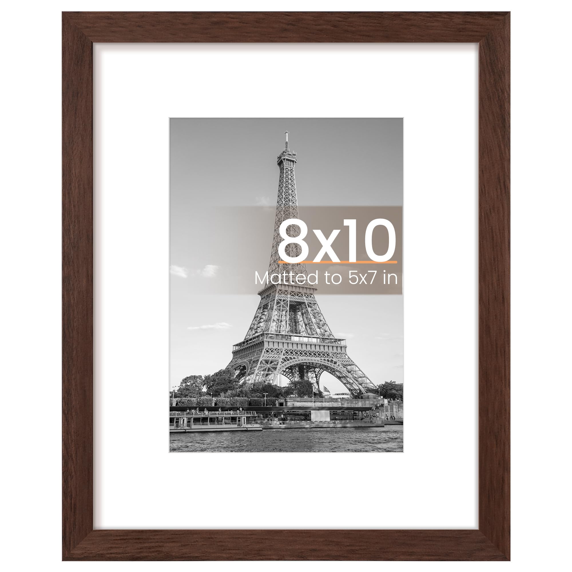 upsimples 8x10 Picture Frame, Display Pictures 5x7 with Mat or 8 x 10 Without, Wall Hanging Photo Frames, Brown, 1 Pack