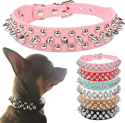 PETCARE Collar de perro con pinchos, de piel sintética suave, color rosa, con diseño de hongos, remaches, tachuelas, collar ajustable para perros