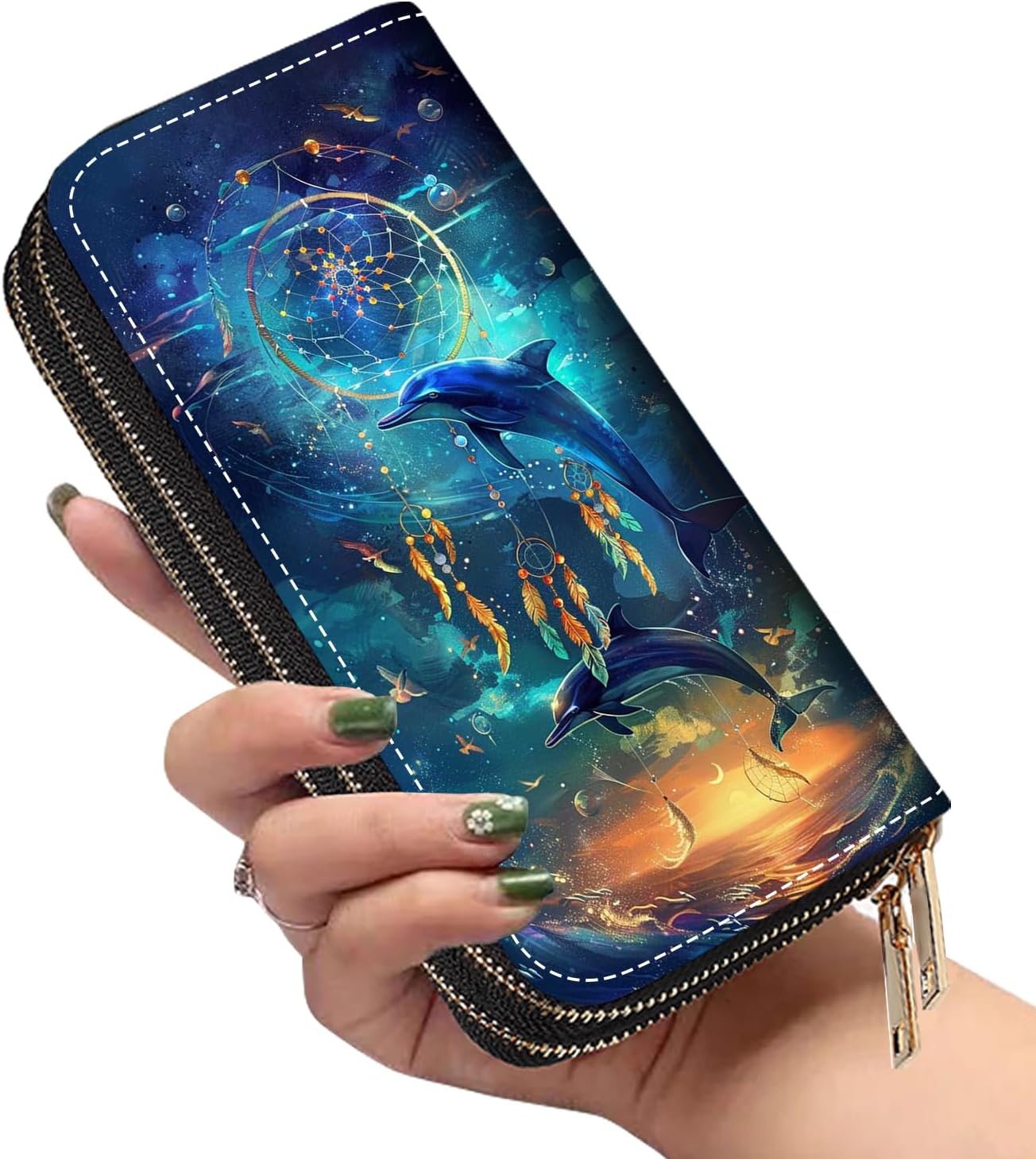 Women's Large Capacity Wallet PU Leather Double Zipper Clutch Purse Multifunctional Wallet with Removable Wristlet Strap for Smart Phone/Coin/Card/Cash, Dream Catcher Dolphin - Image 5