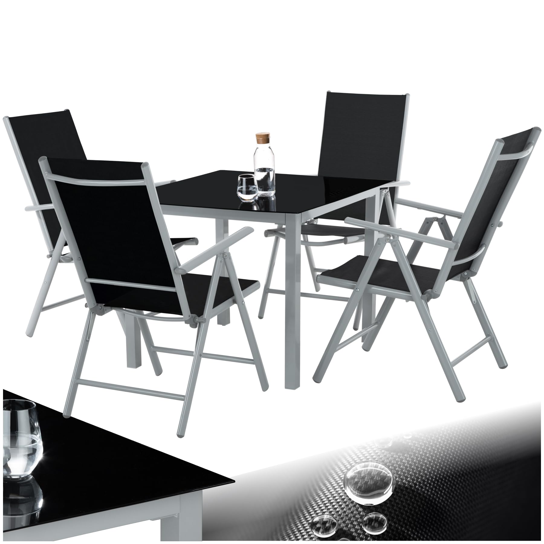 tectake® Set Tavolo da Esterno con Sedie, Telaio Alluminio, 1 Tavolo da Giardino Piano in Vetro, 4 Sedie Pieghevoli, Schienale Reclinabile 8 Posizioni, Set Resistente alle Intemperie - Grigio/Argento