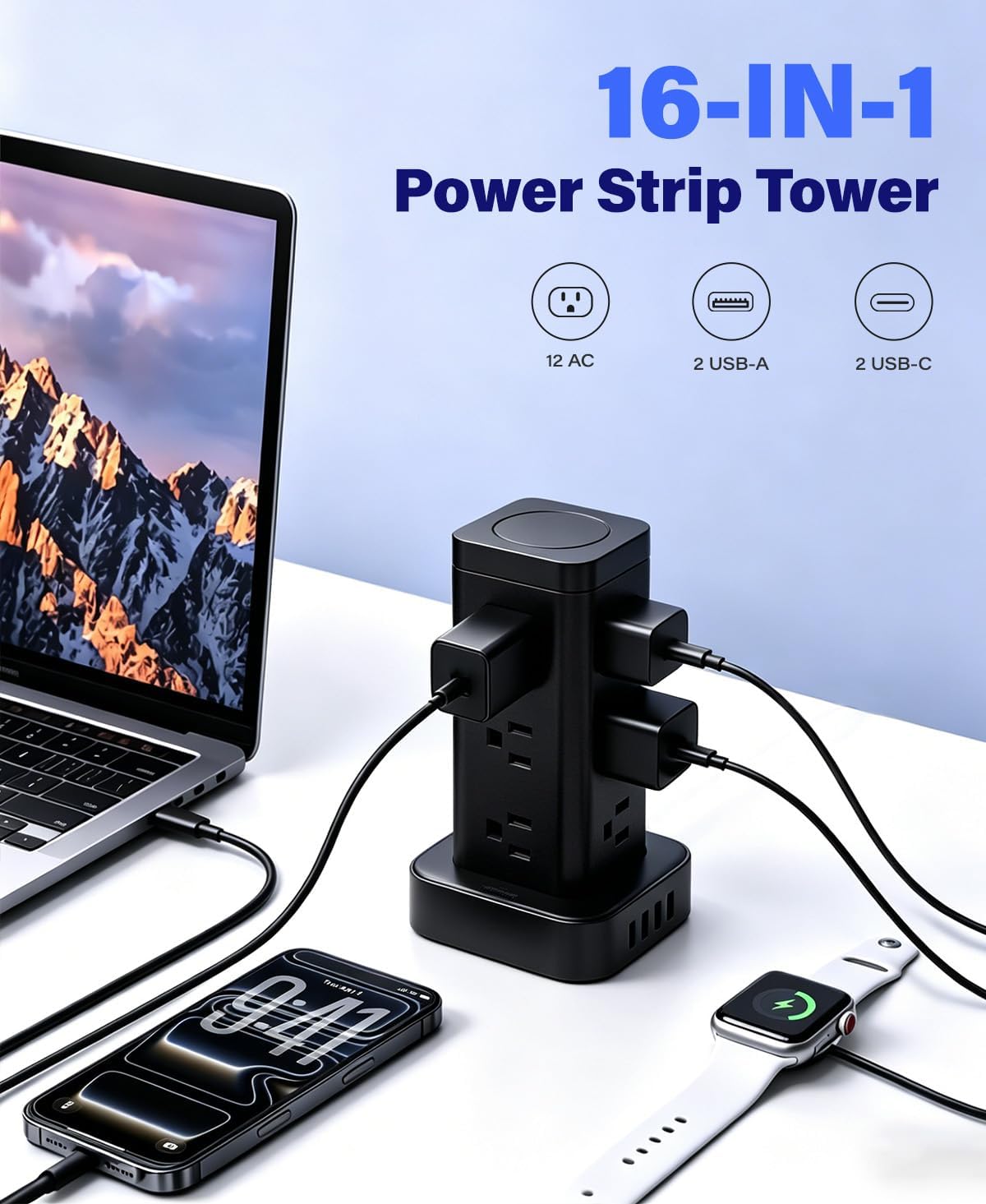 16-in-1 Power Strip Tower with Surge Protector 1800J, 2USB-C & 2USB-A Ports with 12 AC Outlets, 10ft Extension Cord with Multiple outlets for Home Office Dorm Room, Black