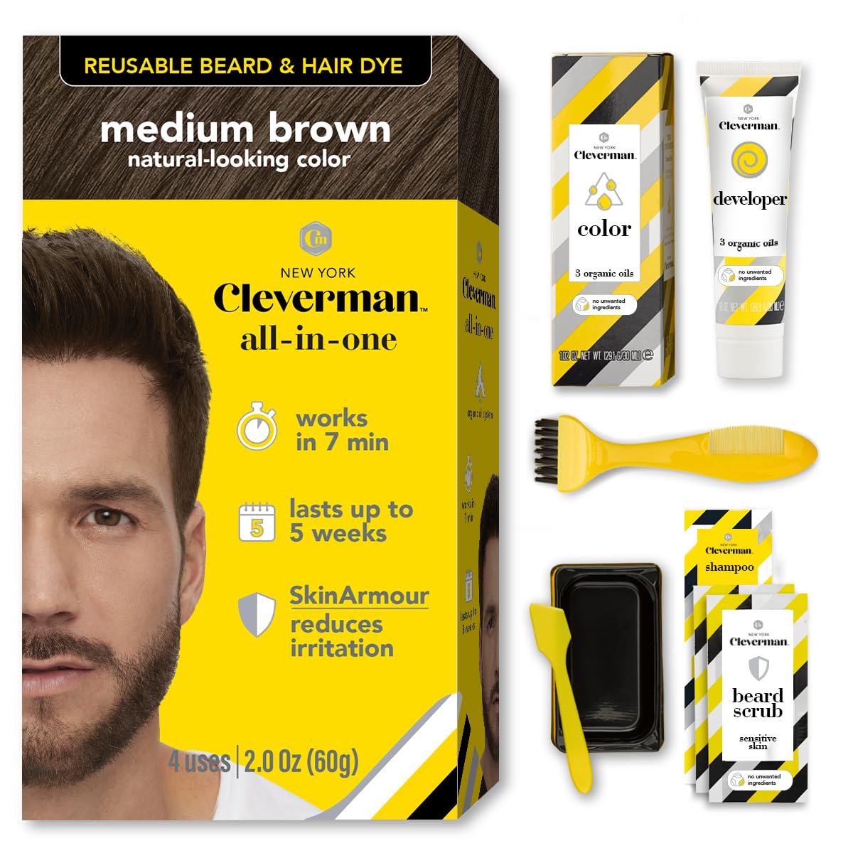 Cleverman Hair & Beard Dye Kit for Men, All-in-One Reusable Mens Hair Color, Natural Gray Coverage, Ammonia-Free Beard Mustache Dye for Men (Medium Brown, 2 Ounce (Pack of 1))