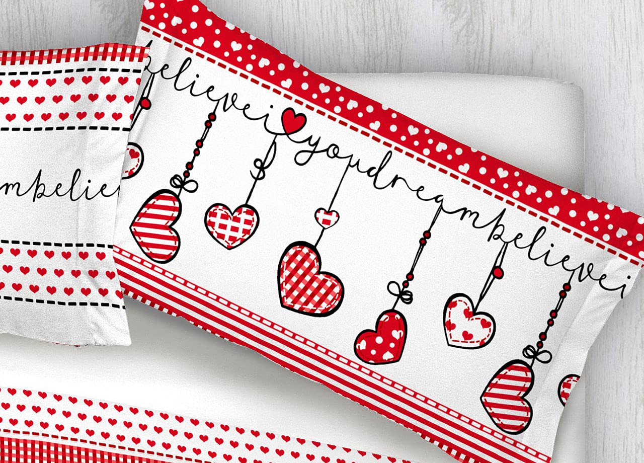 Set Completo Lenzuola in 100% Cotone Made in Italy Fantasia Natale Cuori Renne Singolo Dream Rosso