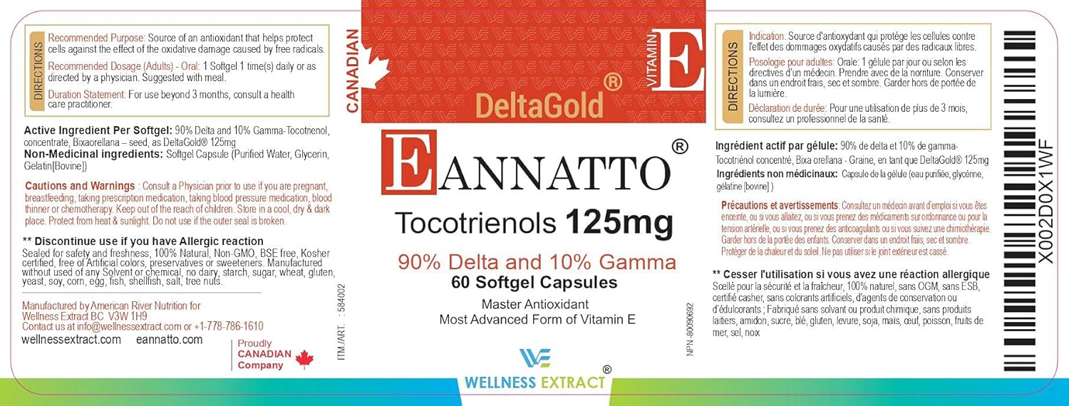 E Annatto Tocotrienols Deltagold 125mg, Vitamin E Tocotrienols Supplements 60 Softgel Capsules, Tocopherol Free, Supports Immune Health & Antioxidant Health (90% Delta & 10% Gamma) (Pack of 1) : Health & Household