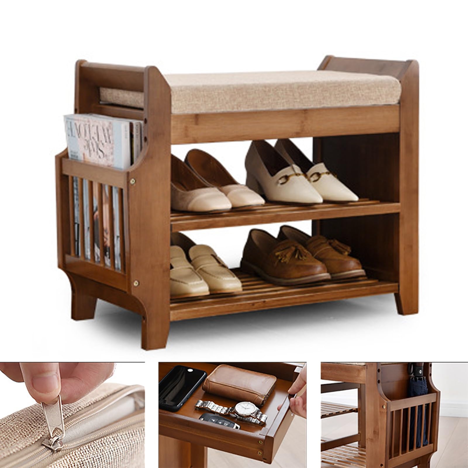 Banc à chaussures en bambou 62 cm avec tiroir rembourré