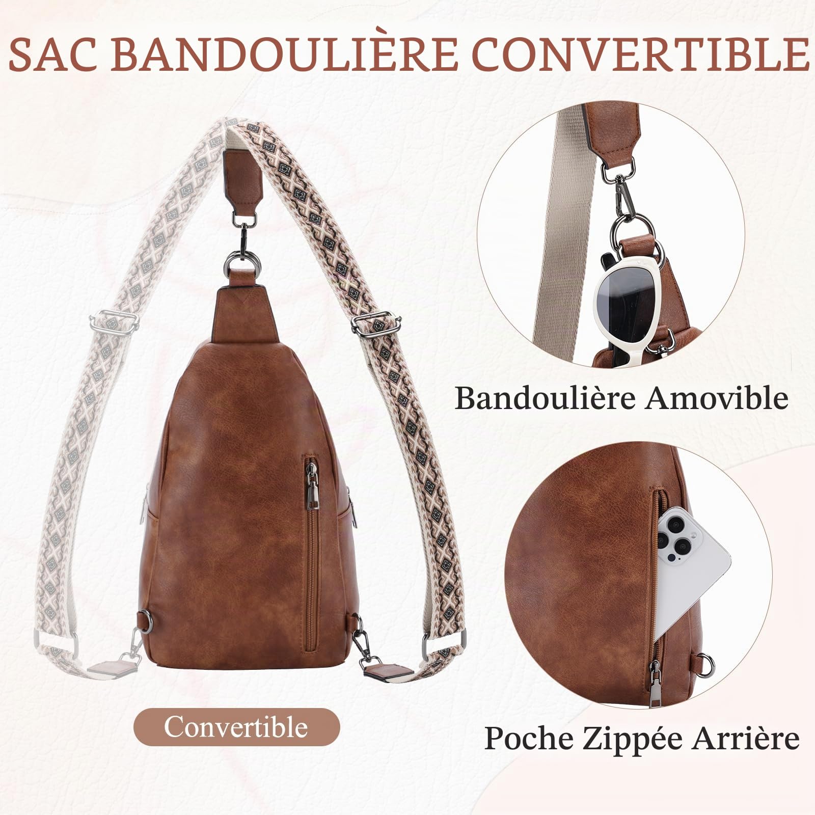 Sac de Poitrine Femme, Élégant Antivol Sac Bandoulière Banane Femme Fille Convertible Cuir PU Sling Bag pour Voyage Plein Air Vacances
