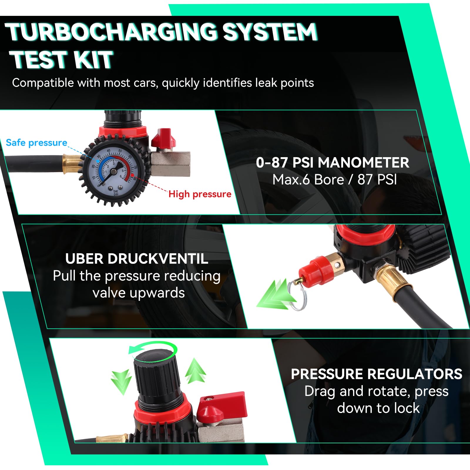 OiLiehu Tester di Tenuta Turbocompressore con 4 Adattatori - Kit Prova Pressione per Intercooler, Tubazioni Aria e Sistema Sovralimentazione Auto - Adattatori per Tubi da 35 a 89 mm