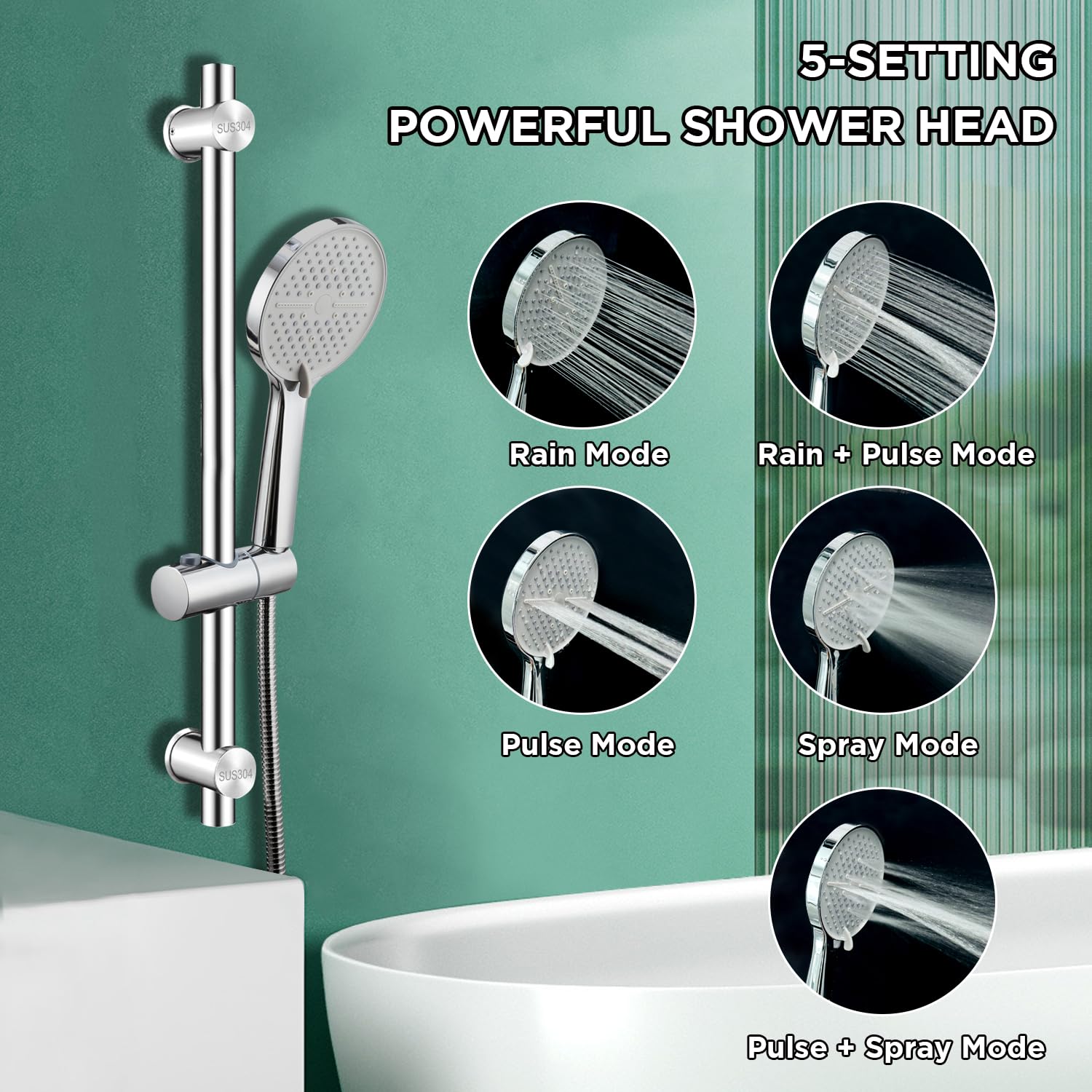 Kit de riel elevador de ducha de 60 cm, barra deslizante de ducha ajustable con cabezal de ducha de mano de 5 funciones y manguera de ducha de 150 cm, soporte de ducha de acero inoxidable SUS304,