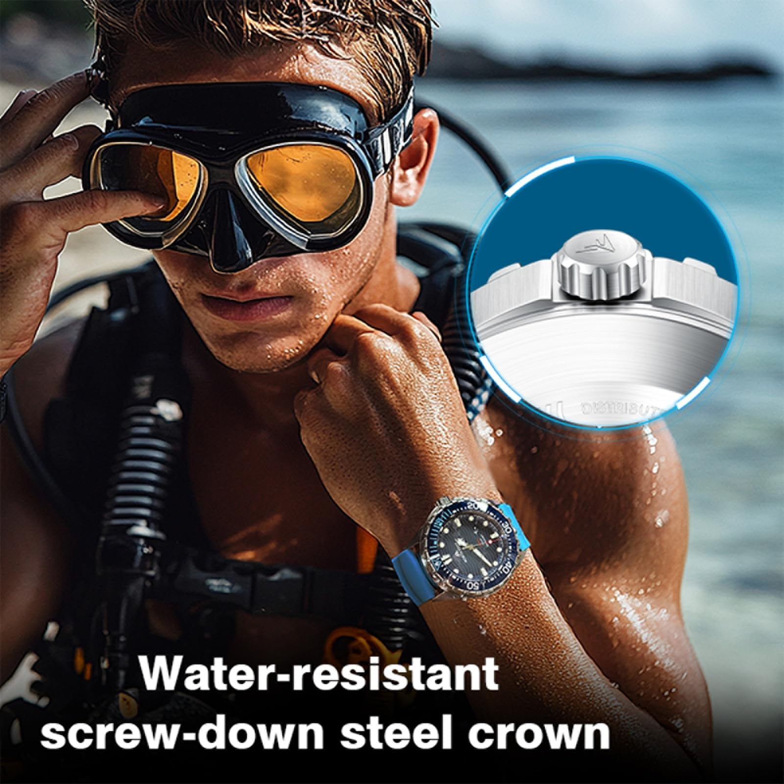 Reloj de buceo con energía solar para hombre, resistencia al agua hasta 300 m, esfera luminosa, bisel giratorio, correa de silicona