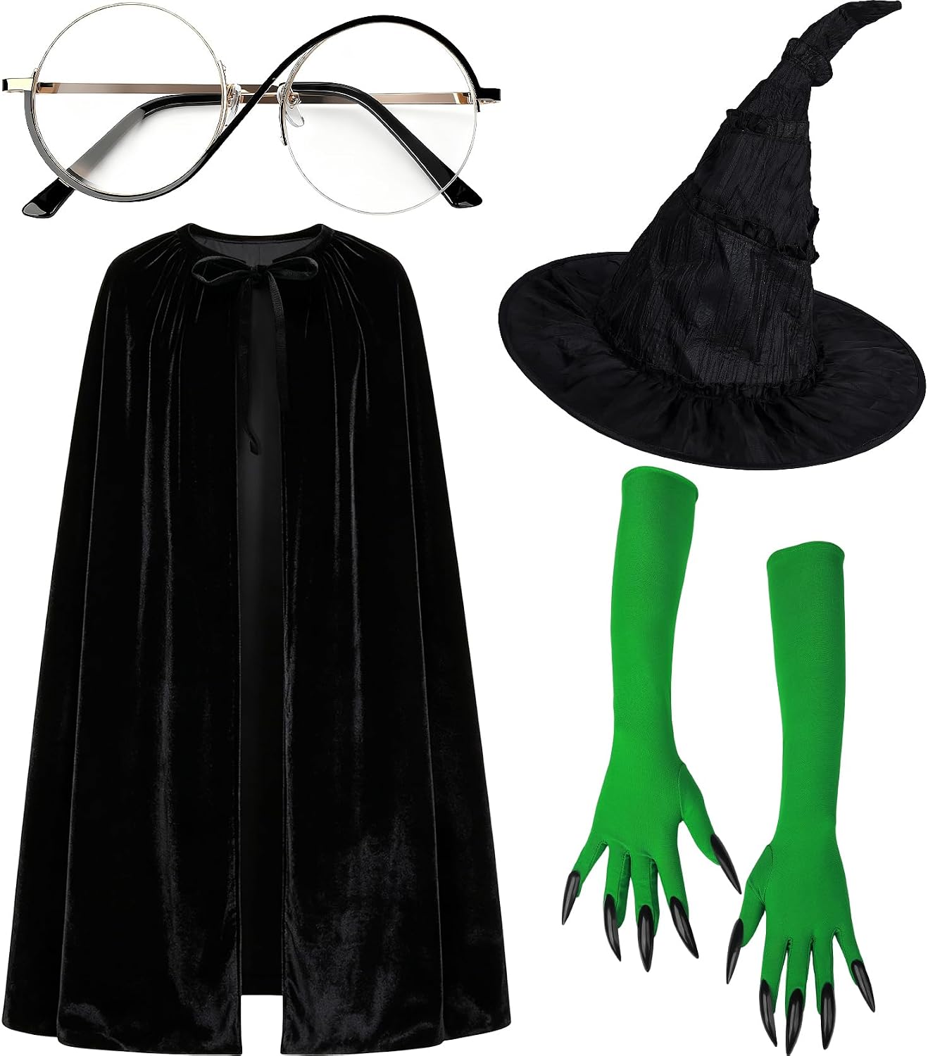 Witch Costume Accessories Set with Hat, Cape, Gloves and Glasses
