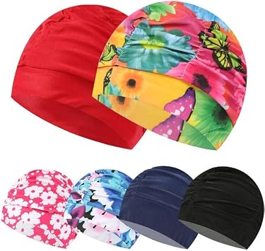 6 Pcs Colorful Print Swim Caps for Women Men,Pleated Nylon Cloth Swim Cap Large Swimming Cap Bathing Caps for Adult Men Women Long Hair