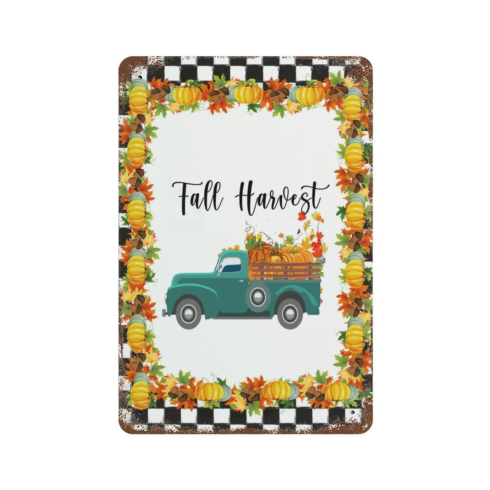 Plaque en étain Happy Autumn déco vintage feuille d'érable et citrouille 30x45cm