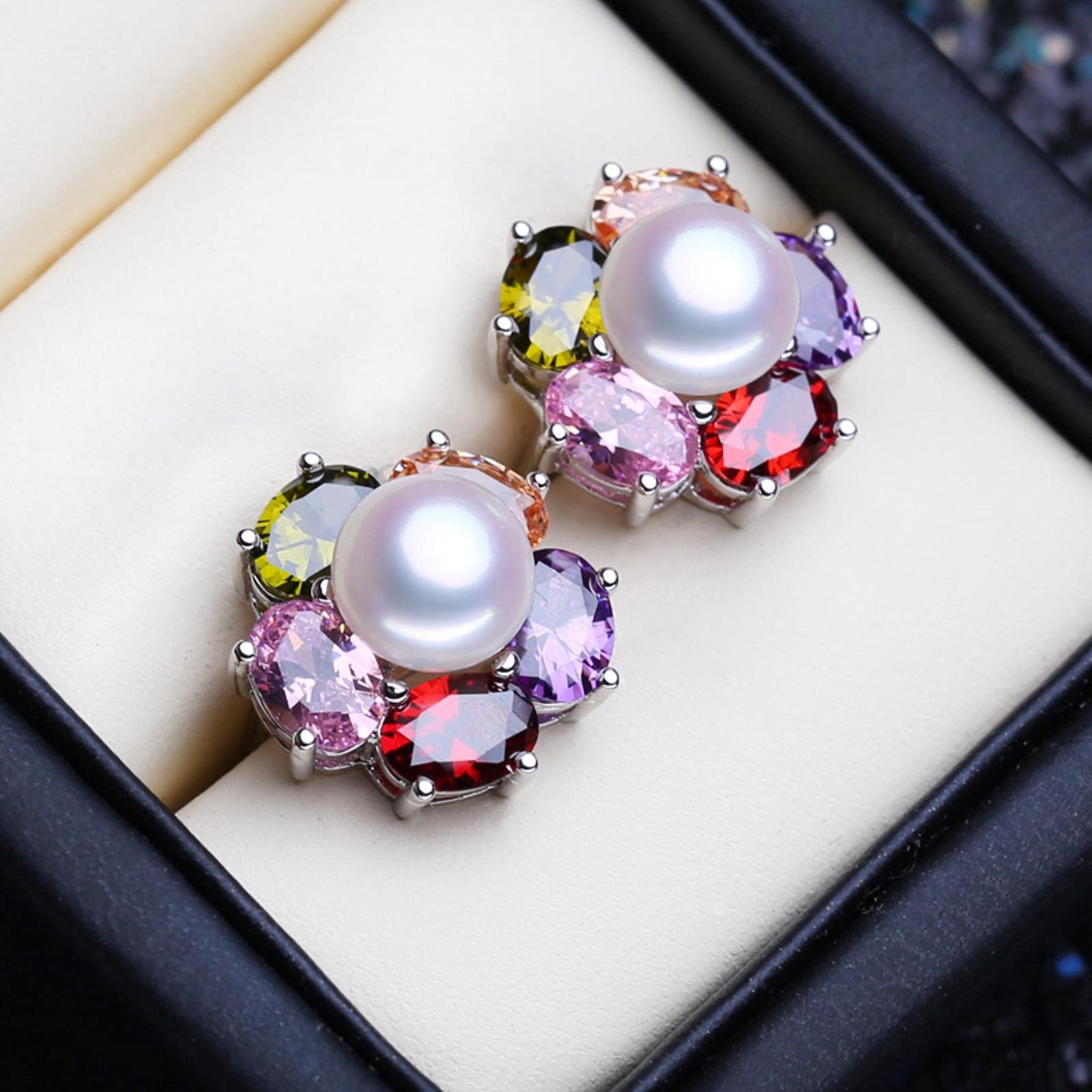 Set di Gioielli in Argento Sterling 925 con Perle Orecchini A Bottone con Perle Naturali per Le Donne Anello da Festa con Ciondolo Fiore Colorato