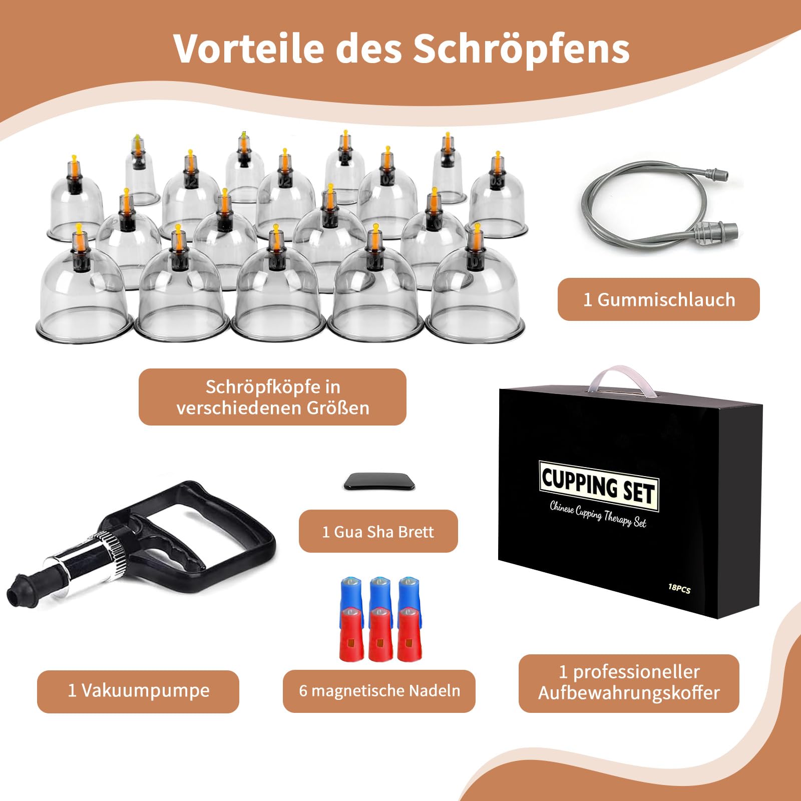 Schröpfgläser mit Vakuumpumpe & Therapiemagneten + Faszien-Schaber ， Schröpfen (18 Stück) gegen Verspannungen & Cellulite und Lymphdrainage, Hochwertiges Schröpfglas-Set für Gesicht und Körper