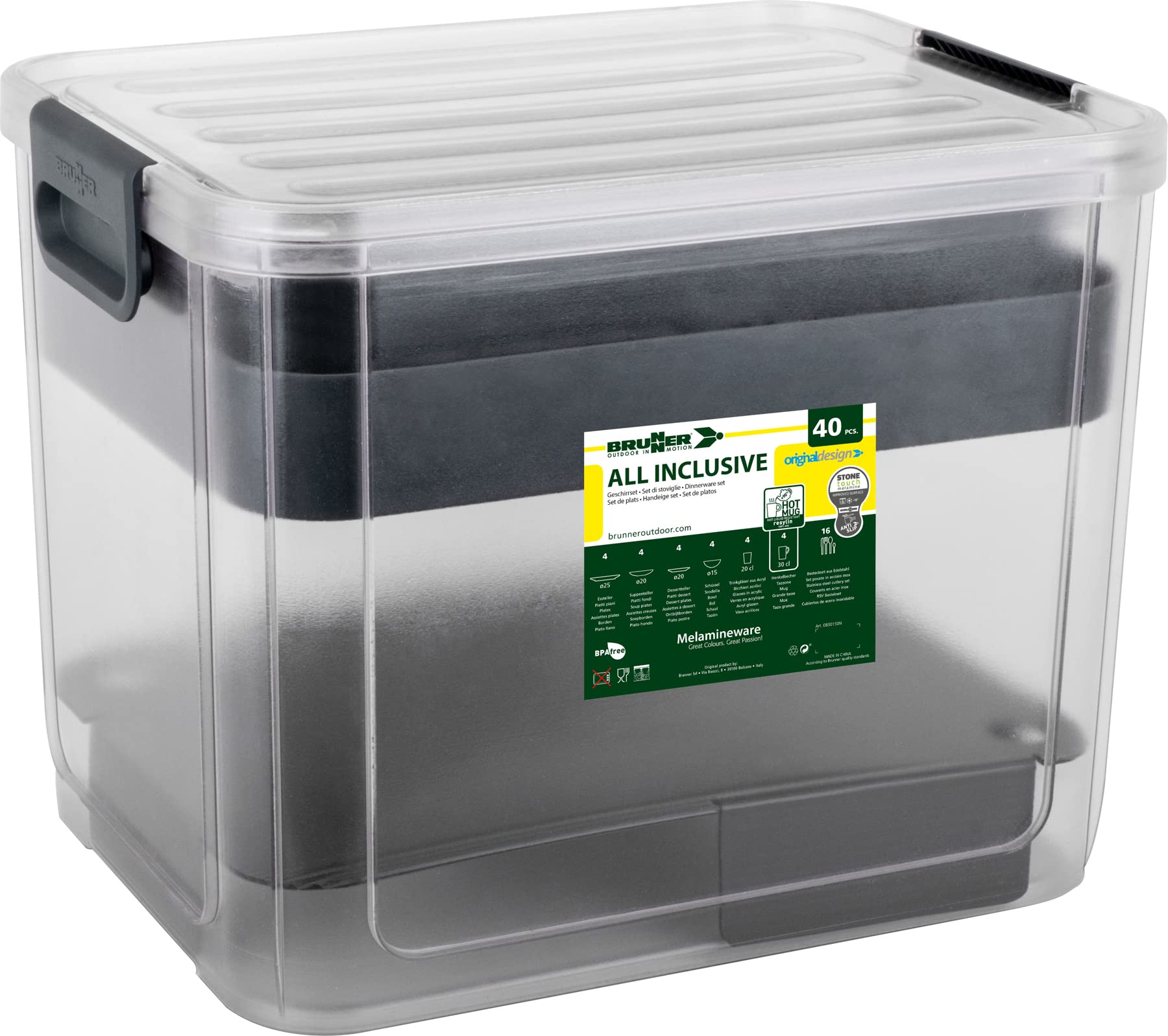 Brunner 0830150N.C8X Set aus Teller, Becher, Schüsseln, bruchsichere Tassen aus Melamin Stonetouch, 40 Stück, All Inclusive VIP Amadé, Antislip, für den Innen- und Außenbereich