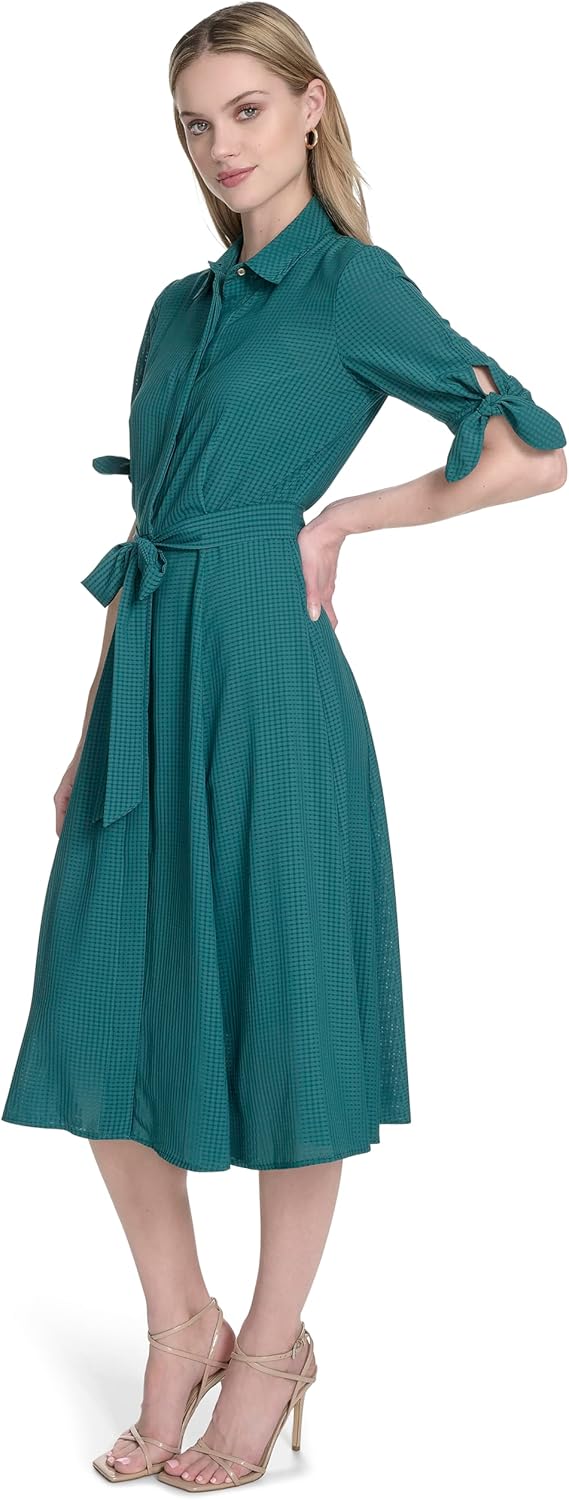 Calvin Klein Womens Short Tie Sleeve Collared Belted Midi Shirtdress - Image 2