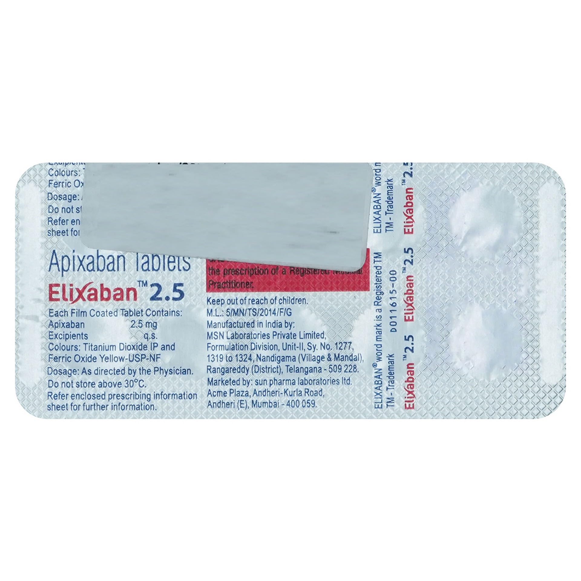 Elixaban 2.5 - Strip of 10 Tablets