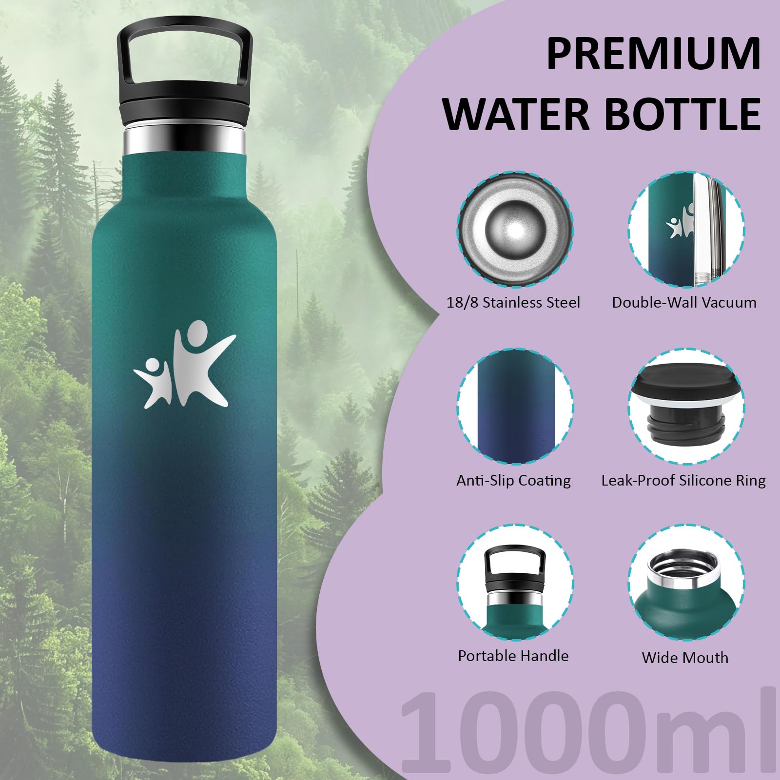 Borraccia Termica, Borraccia 1 litro, Senza BPA, Borracce con Cannuccia, Senza Perdite, Borraccie Acciaio Inox, Borracce Termiche, Acciaio Inossidabile 18/8, per Campeggio, Fitness, Viaggio, Yoga