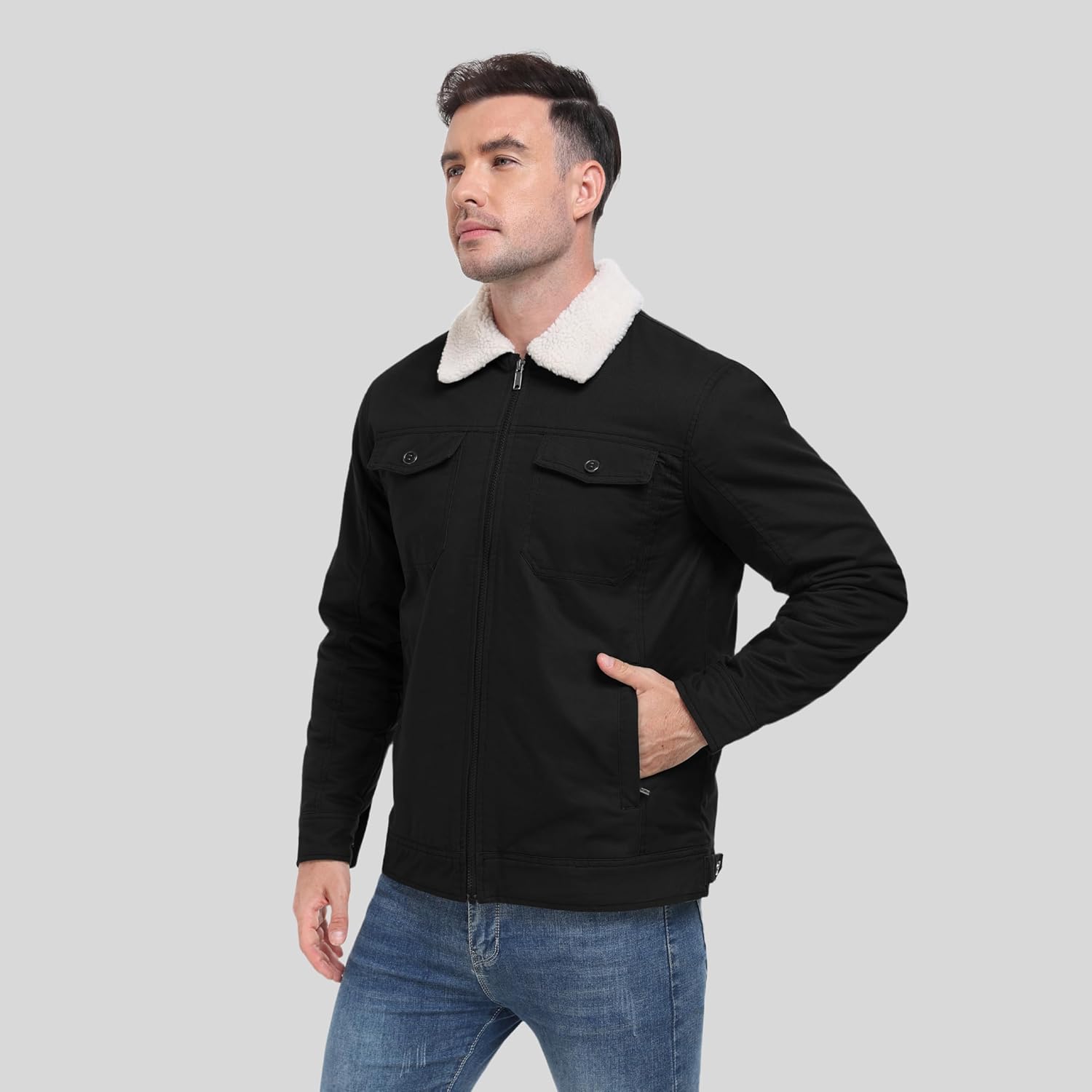 MoFiz Men's Sherpa Lined Cotton Cargo Jacket Turn-down Collar Work Jacket for Men Zip Up Mens Winter Coat with Multi Pockets - Image 8