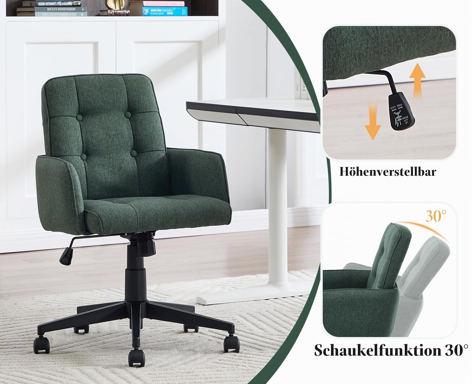 Bürostuhl, Homeoffice Stuhl mit Rollen, Grün | Arbeitsstuhl höhenverstellbar, aus Leinen, Drehstuhl Schreibtischstuhl für Homeoffice Büro