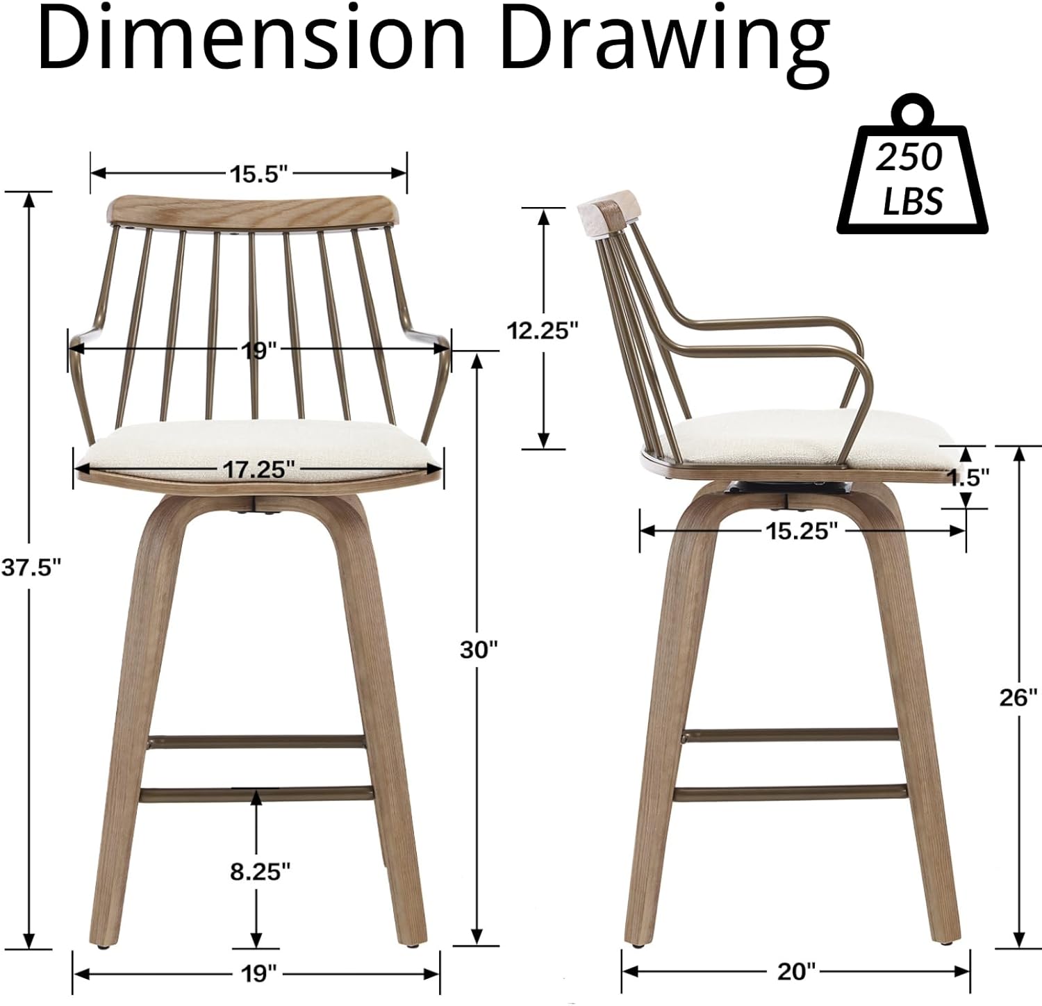 26 Inch Counter Height Bar Stools Set of 2, Swivel Counter Stools with Curved Arm and Footrest, Upholstered Wood Barstool with Metal Fence-Like Back for Kitchen Island Home Bar Pud(Beige Linen)