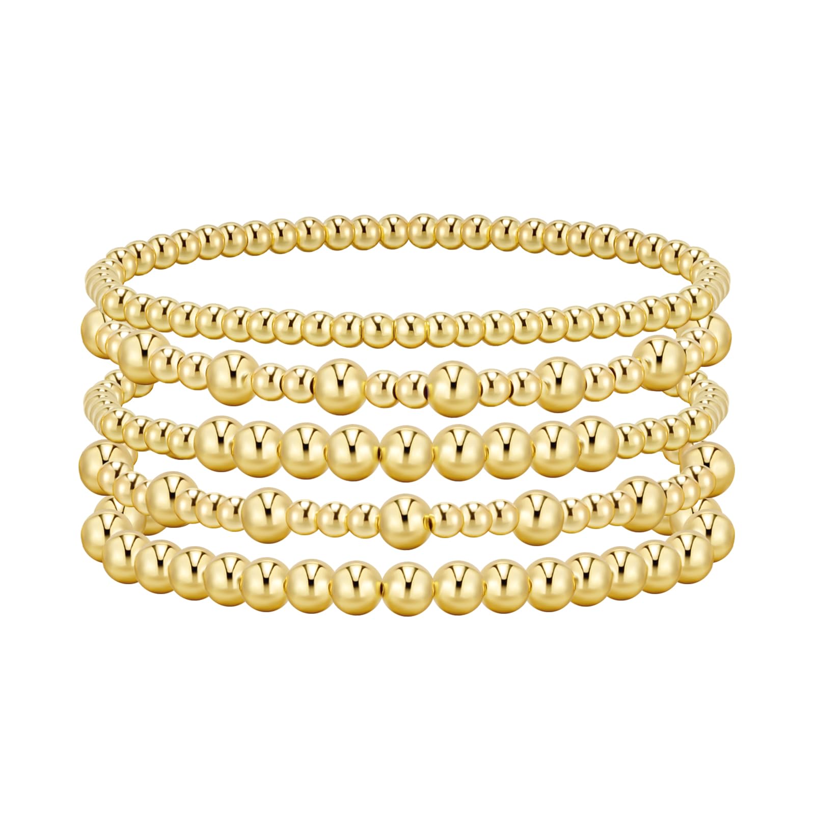adoyi Gold Bracelets for Women Beaded Bracelet 14K Gold Plated Bracelet Stack Strand Stretch Bead Ball Bracelet Set Stackable Bracelet Adjustable