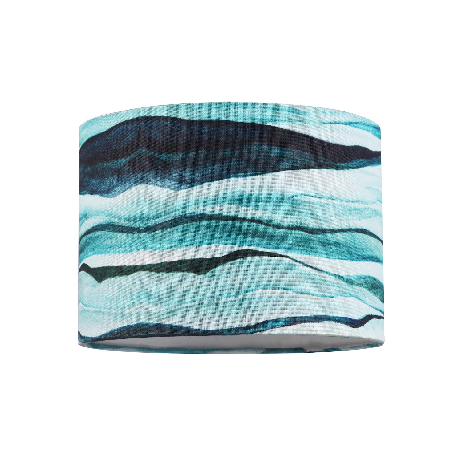 Happy Homewares Teal Sea Waves Drum Lamp Shade In Duck Egg And Navy Blue - 25Cm Quality Textured Linen Fabric With White Cotton Lining By