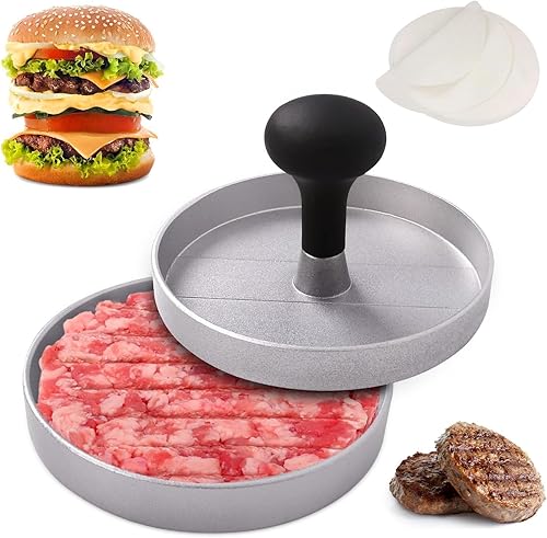 KMPCEPB Prensa de hamburguesas antiadherente con 100 piezas de papel de hamburguesa, molde de aluminio para hamburguesas para hamburguesas,
