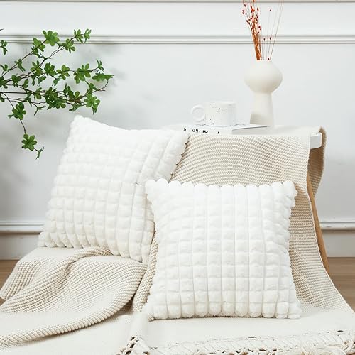 Miniatura 2 de MANDIOO Juego de 2 fundas de cojín de felpa súper suave de piel sintética de 16 x 16 pulgadas, con textura a cuadros, modernas, lujosas,