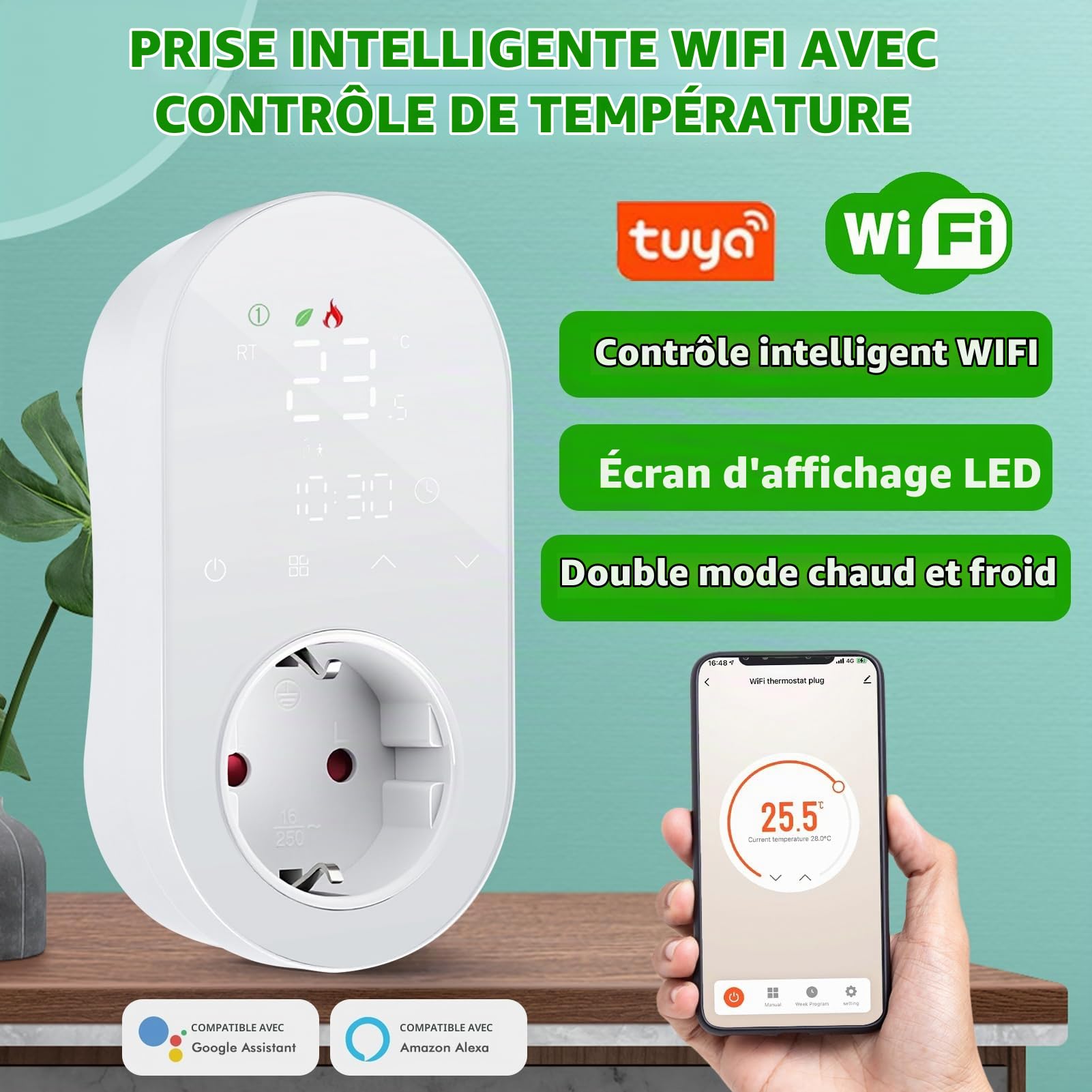Thermostat de Prise Wi-FI, 220V 16A programmable avec Modes Chauffage et Refroidissement Affichage numérique LED Compatible avec Smart Life/Alexa/Google Assistant